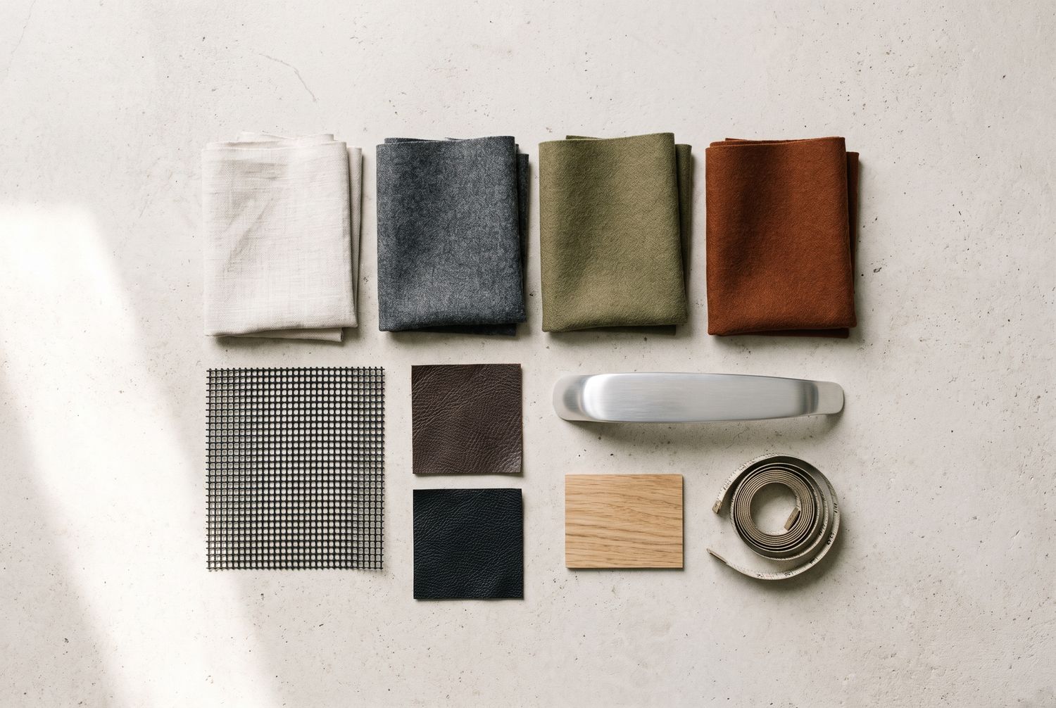 Upholstery fabric, leather, mesh and frame finish samples