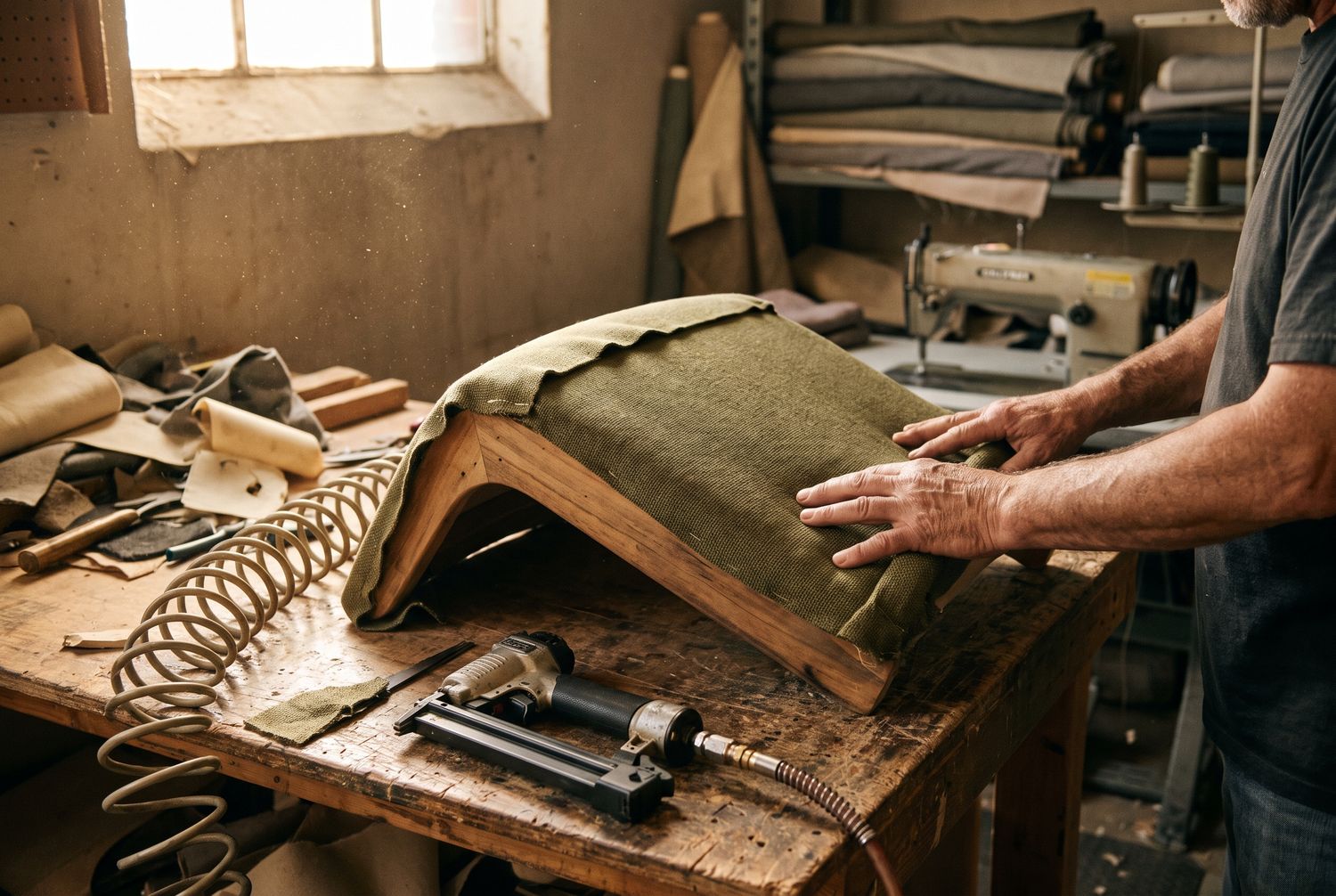 Upholsterer stretching fabric over a chair seat frame
